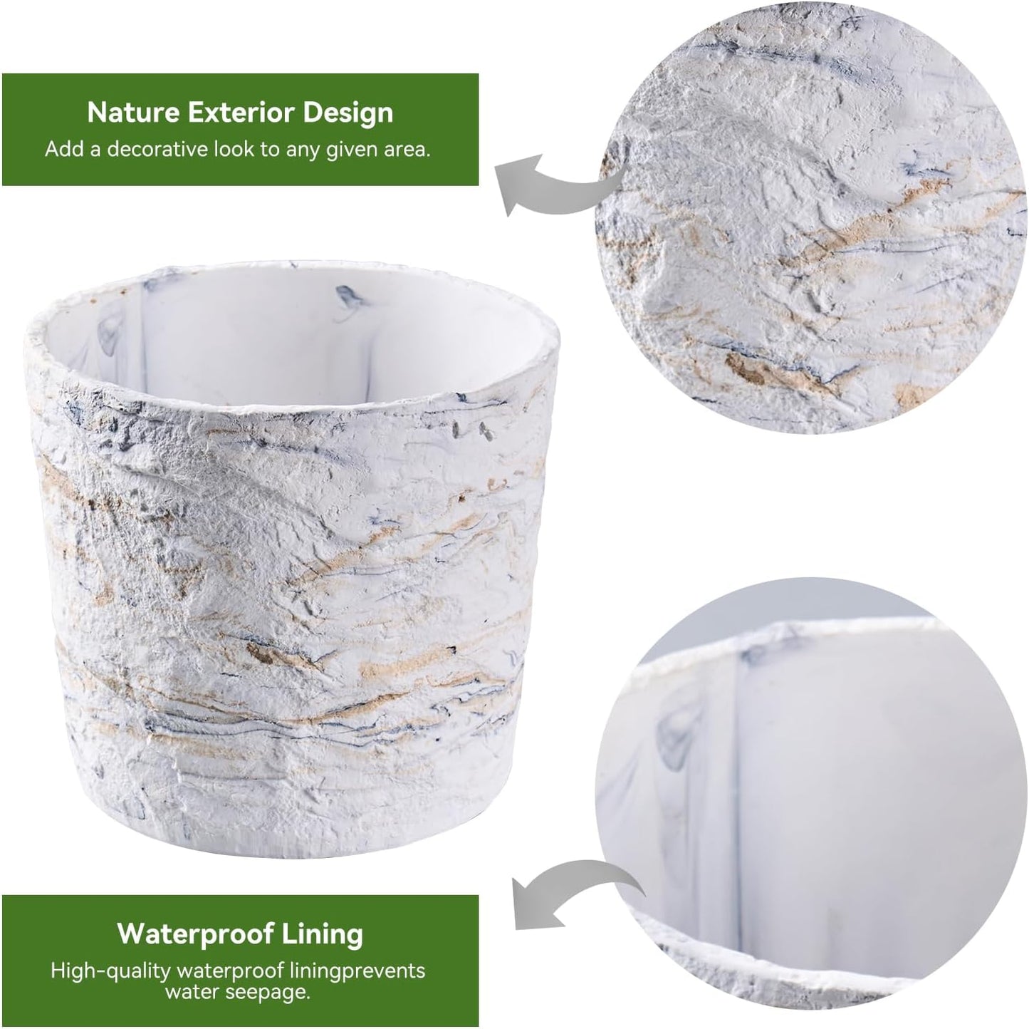 Ekirlin 7 Inch Natural Ore Textures Plant Pot, Resin Outdoor Planters with Drainage Hole, Removable Rubber Stopper and Non-Slip Soft Pad,Weatherproof Decorative Pot for Indoor/Garden Plants