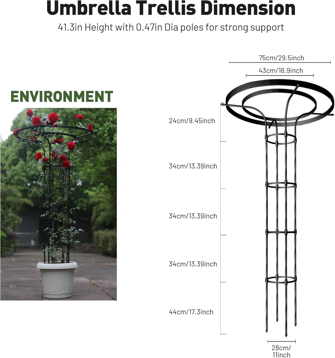 Garden Trellis for Climbing Plants Outdoor, 5.7FT Tall Metal Obelisk Trellis, 68.9" Umbrella Trellis for Potted Plants, Mushroom Top Trellises for Vines, Rose, Clematis, Pea, Bean, Tomato