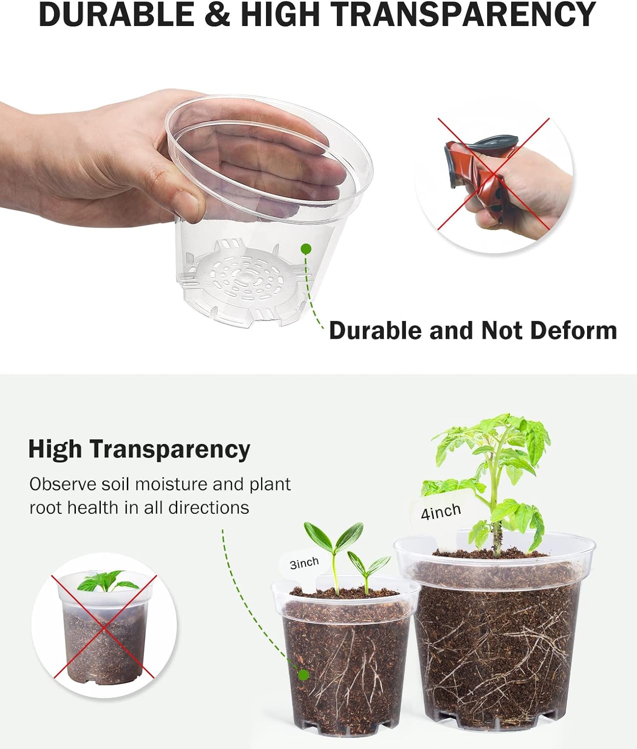 homenote Clear Nursery Pots for Plants,3 Inch Plant Pot for Planting Plastic Seedling with Drainage Holes Seed Starter Flower High Transparency with 20 Labels (60 Pack)