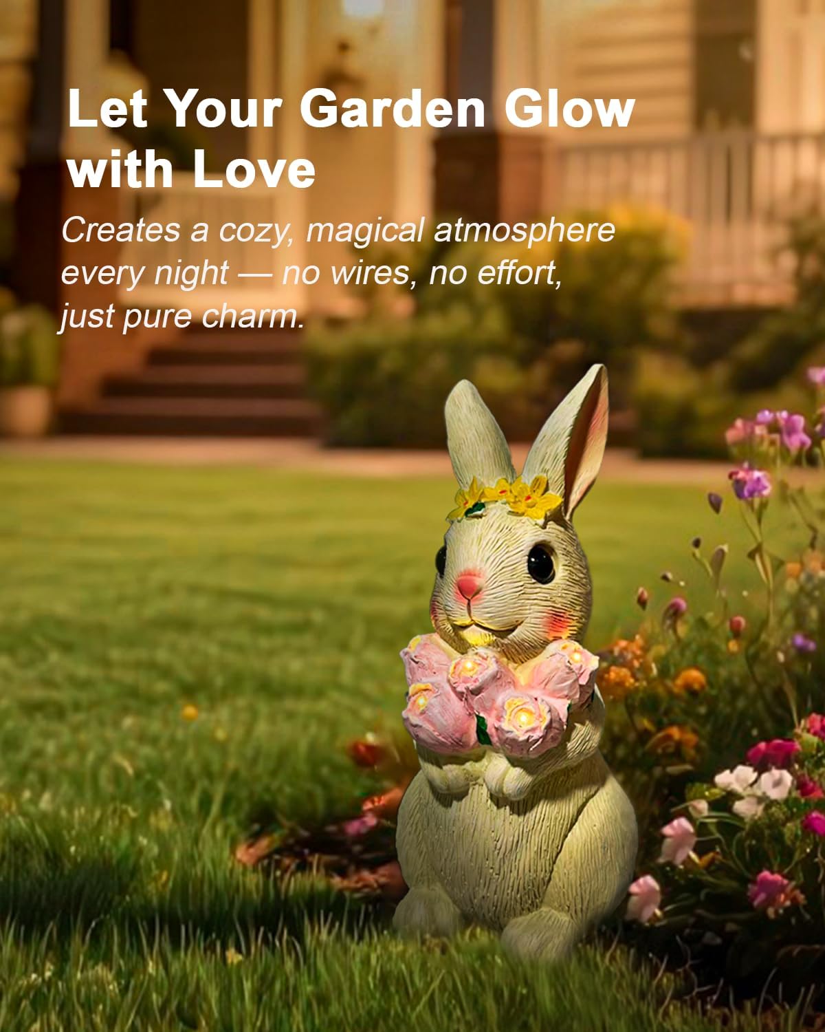 Solar Bunny Garden Light Outdoor Statue – Waterproof Rabbit Figurine with 5 Tulip LED Lights, Auto On/Off Bunny Garden Decor for Patio, Balcony, Lawn, Yard Decorations, Birthday Gifts for Women