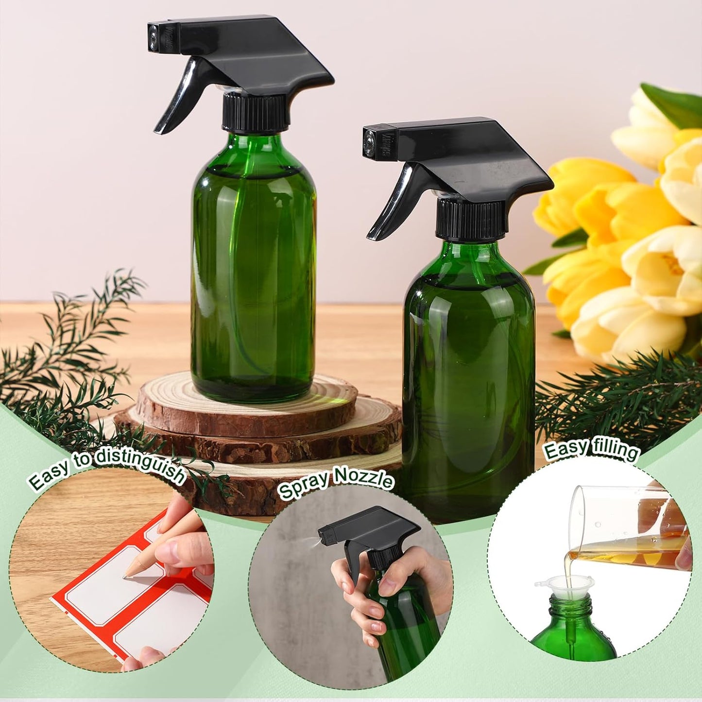 Norme 12 Pcs 8 oz Glass Spray Bottles with Funnels and Labels Refillable Cosmetic Empty Spray Bottles with Sprayer Containers for Essential Oil Cleaning Solutions(Green,Classic)