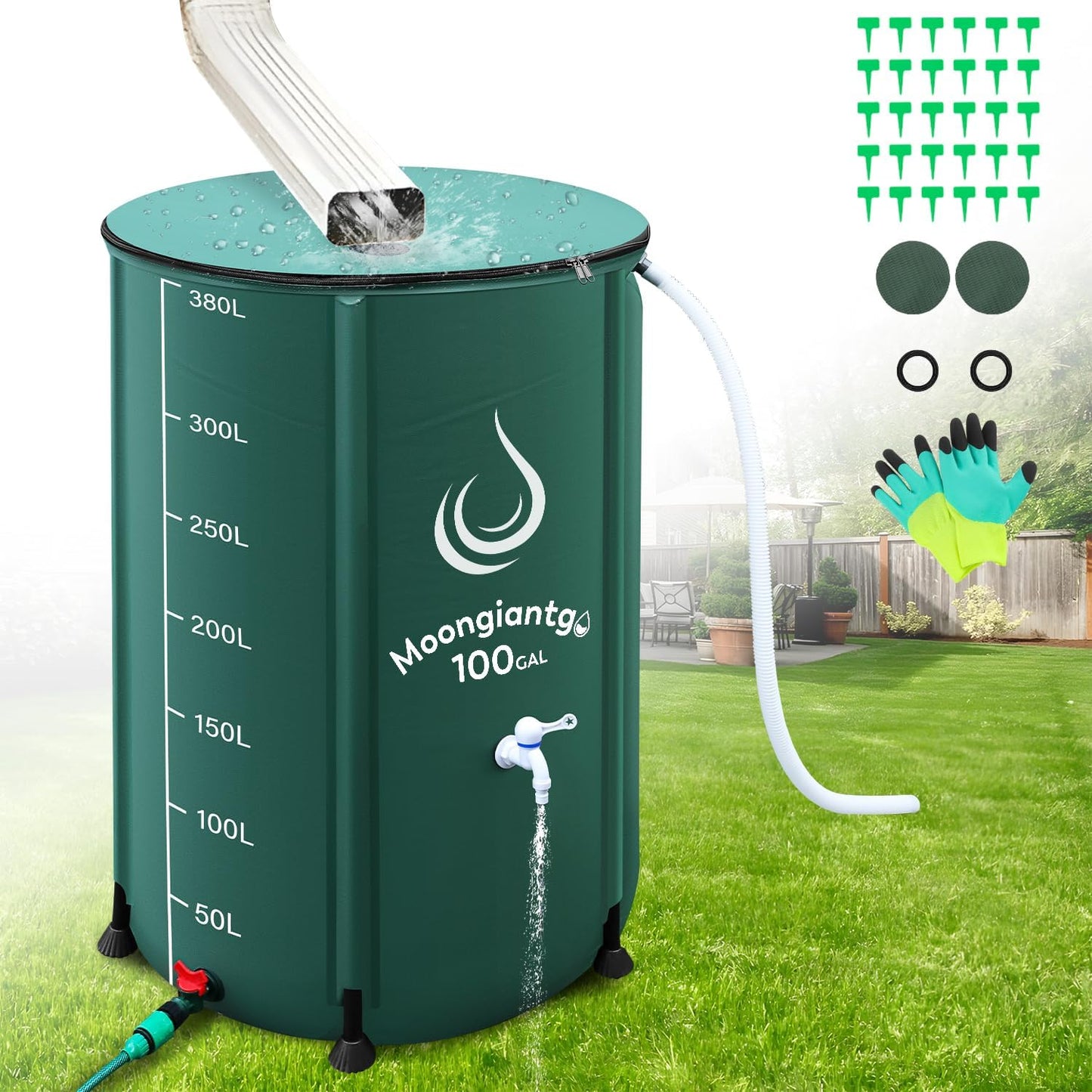 Moongiantgo 100 Gallon Collapsible Rain Barrel with Scale Line - 1000D PVC Portable Water Storage Tank - Rainwater Collection System with Filter Spigot Overflow Kit to Collect Rainwater from Gutter