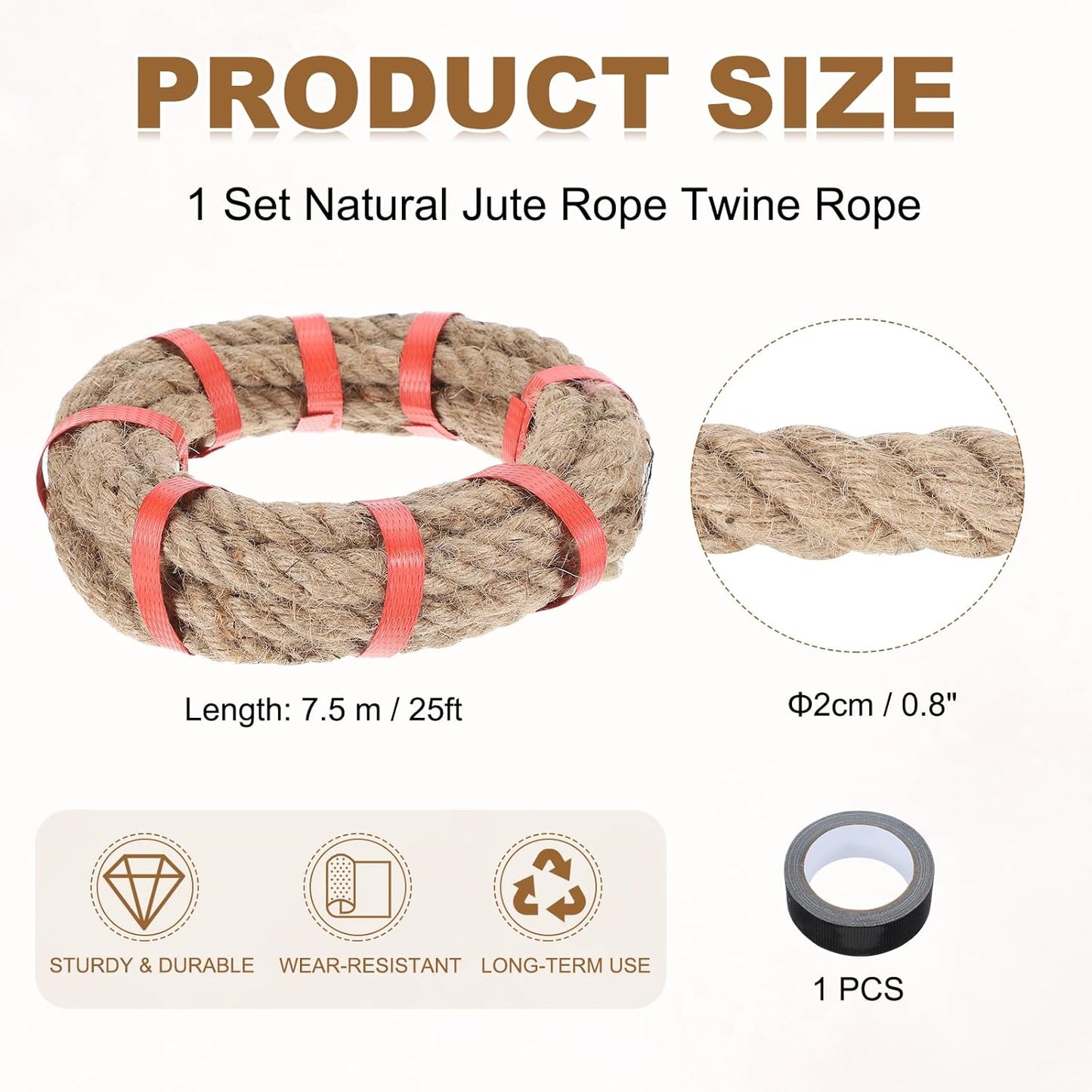 MECCANIXITY Jute Rope 0.8 Inch x 25ft, Thick Twine Rope Ropes Braided Jute Twine Natural Brown Burlap Cord String Heavy Twisted with Tape for Decorative Crafts Railing Swing Tug of War