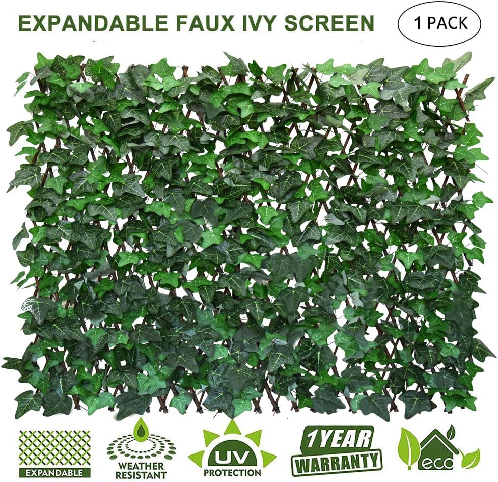 Expandable Faux Ivy Fence,Artificial Privacy Screen Decor for Outdoor Wall, Balcony and Patio, Single Sided Leaves (1, Green-Ivy)