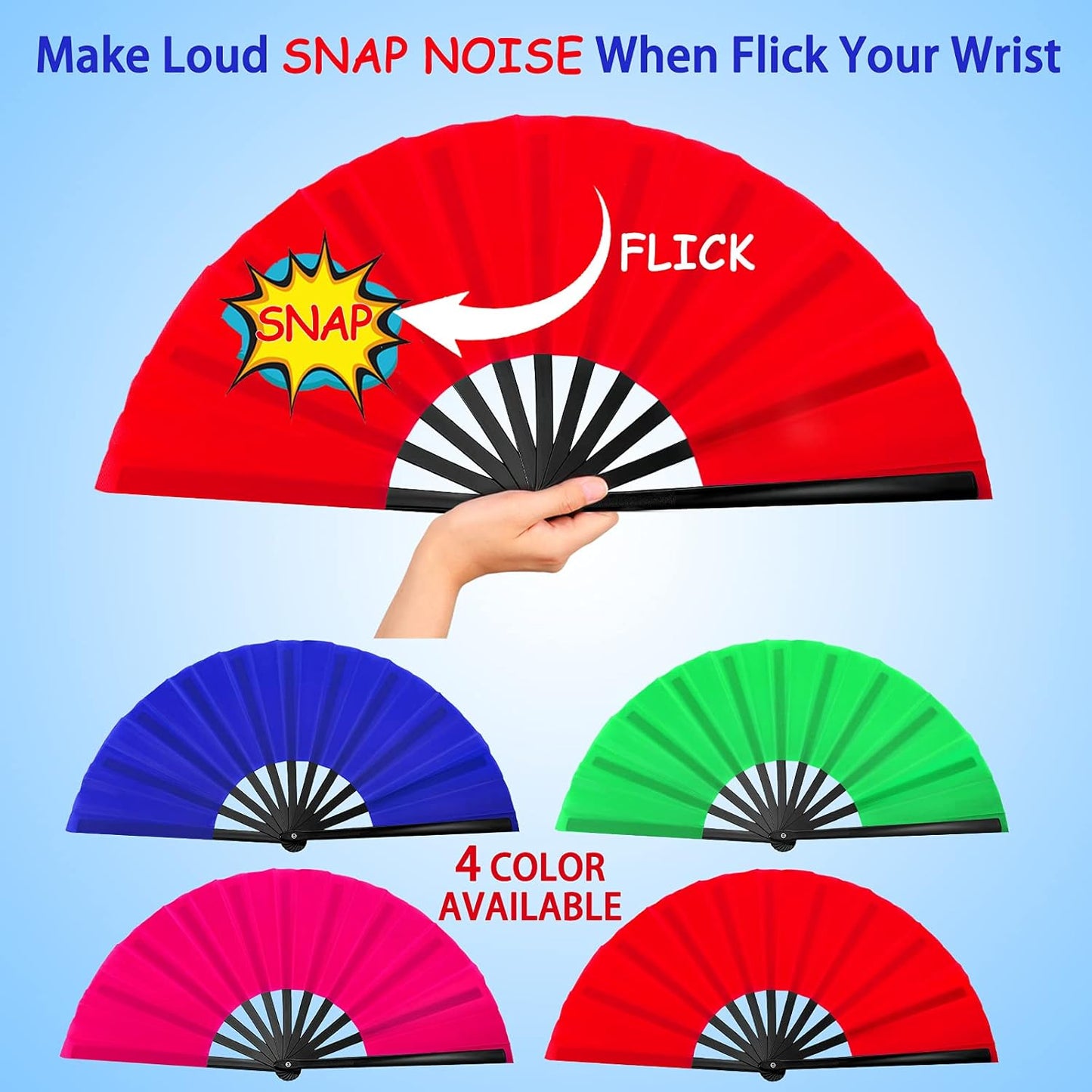 Blulu 4 Pcs 13 Inch Large Folding Hand Fans Bulk Clapping Popping Rave Fans for Kids Women Men for Dancing Boots on The Ground Festival Party Decoration(Classic Style, Blue, Rose Red, Green, Red)