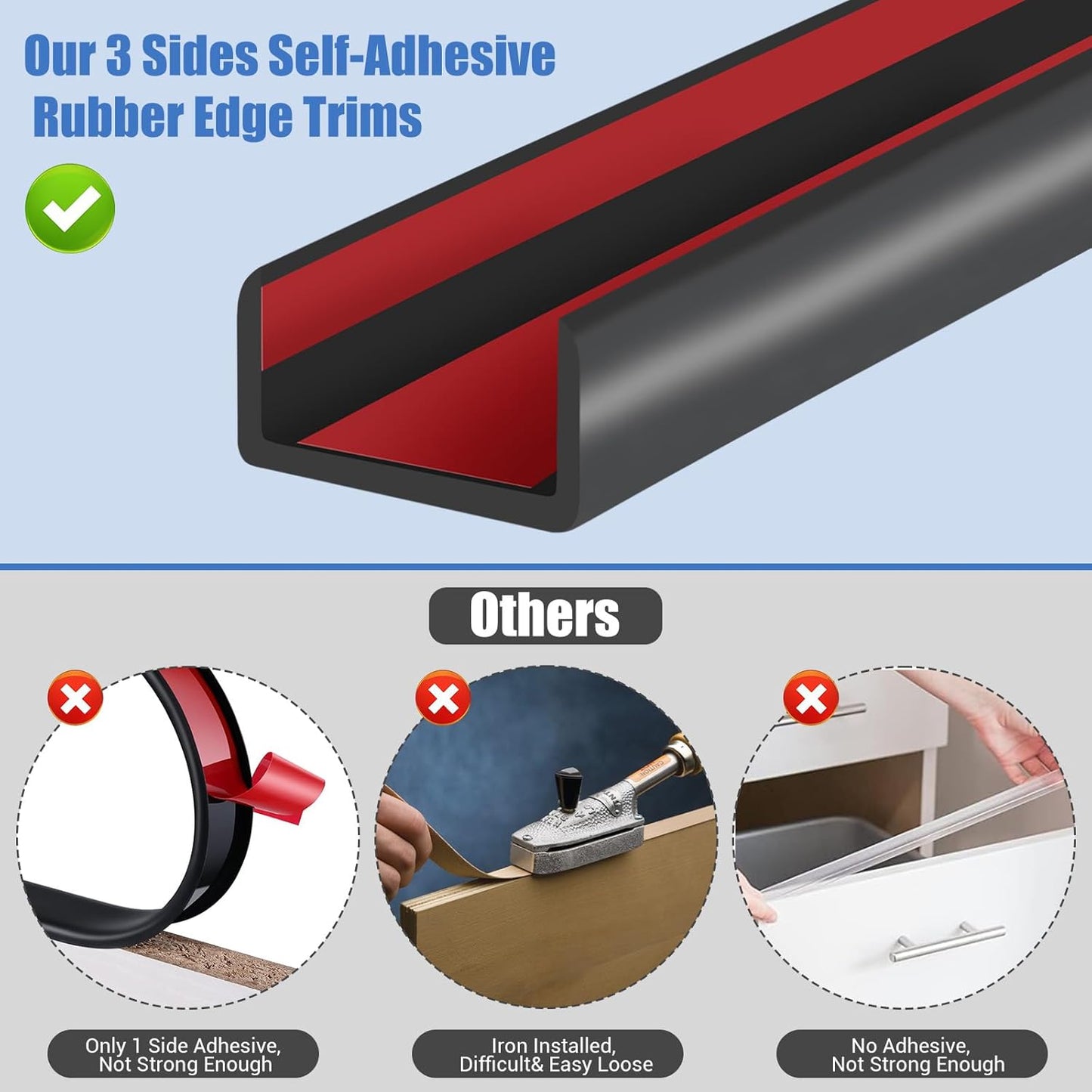 Rubber Edge Trim, Self-Adhesive U Channel Edge Protector for Plywood, Cabinet, 1-1/4" Wood Edge Banding, Flexible Furniture Repair, EPDM Material, Fit 1-1/4"(32mm), Length 10Ft, Black