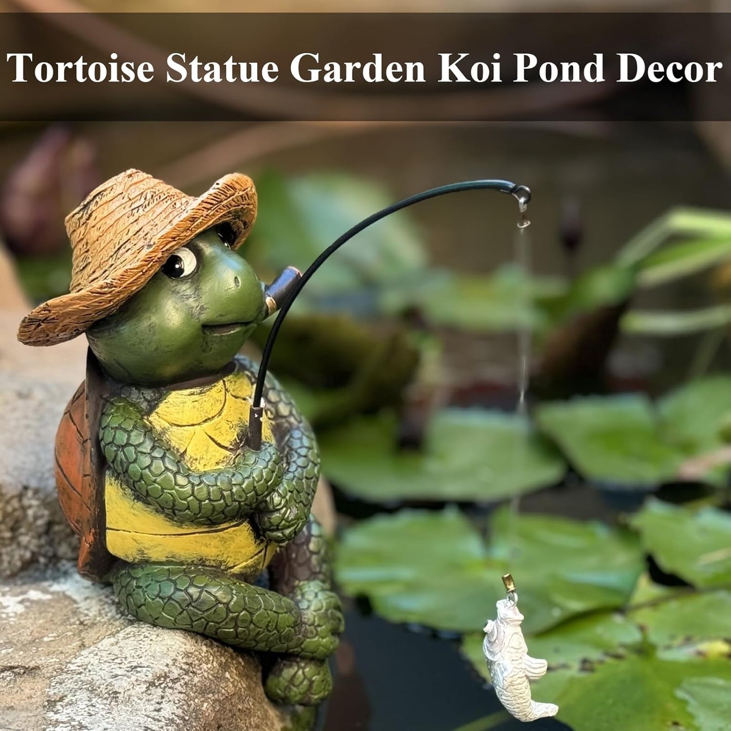 Turtle Decoration for Yard Outdoor Garden Decor 9.7 Inch Tall Fishing Turtle Statue for Koi Pond, Waterfalls or Poolside Ornaments, Fisher Animals Pond Decor, Gift for Mom & Women