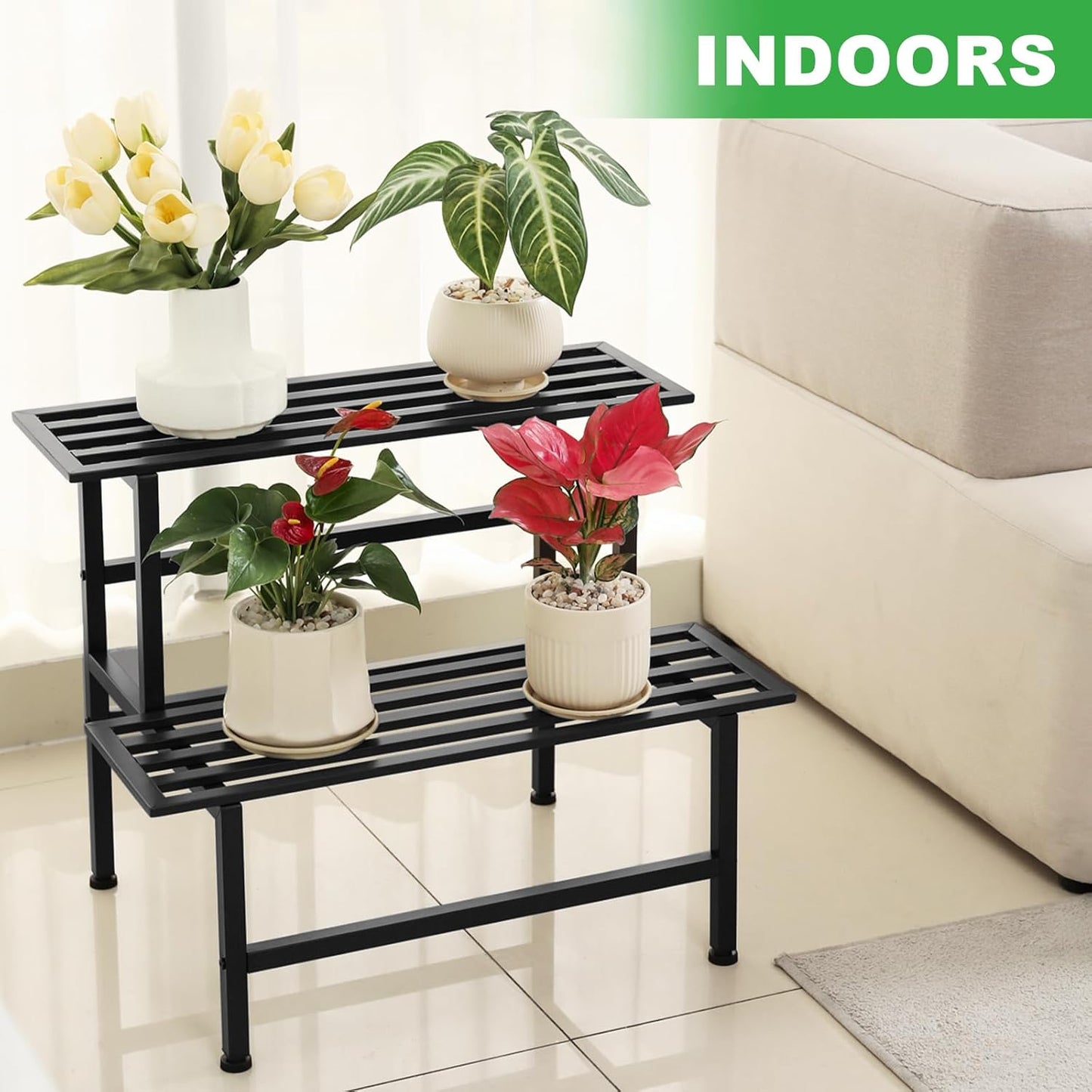Metal Plant Stand Outdoor Plant Shelf Indoor,2 Tier Heavy Duty Ladder Plant Stands for Multiple Plants,26" L x 20.25" H x 17.75" W,Black