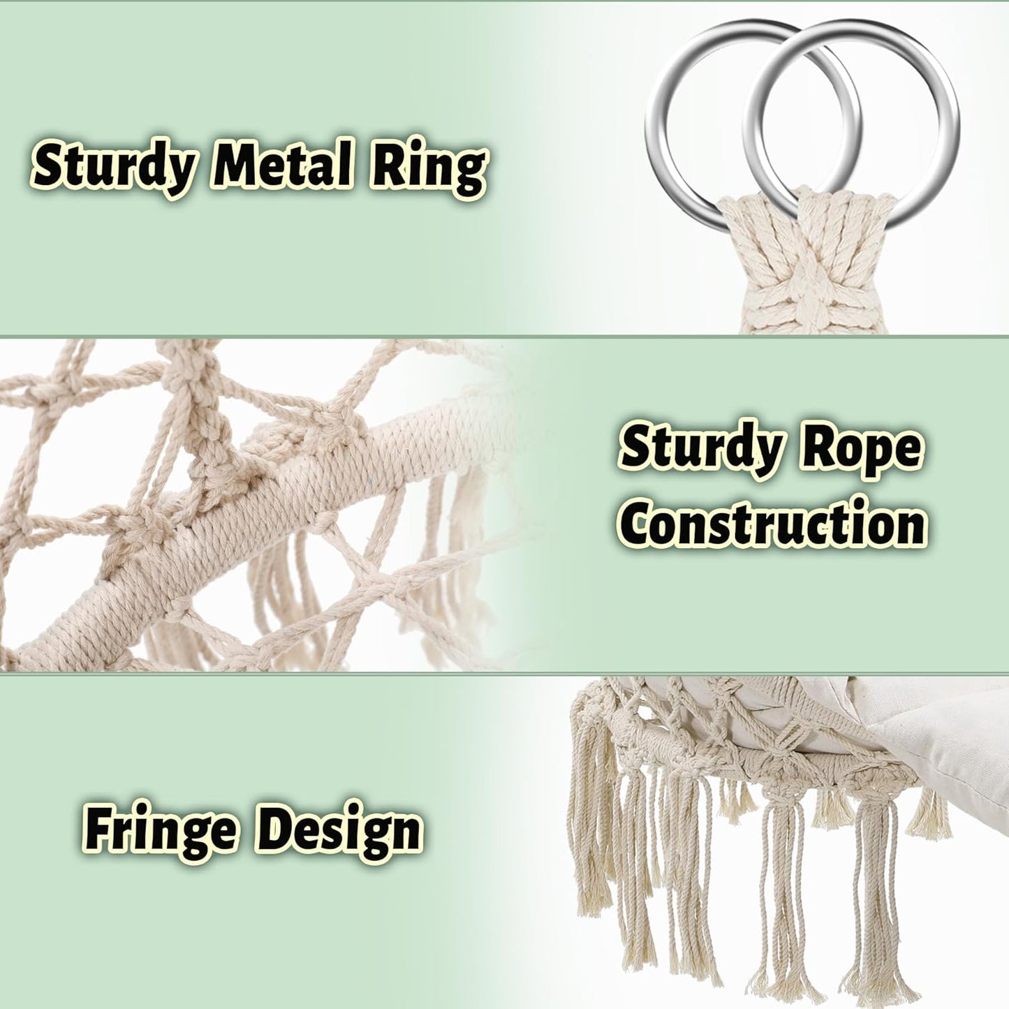 Macrame Hammock Hanging Swinging Chair with Oversized Cushion, Perfect for Bedroom, Porch, Kids, Adults, Balcony, Beige