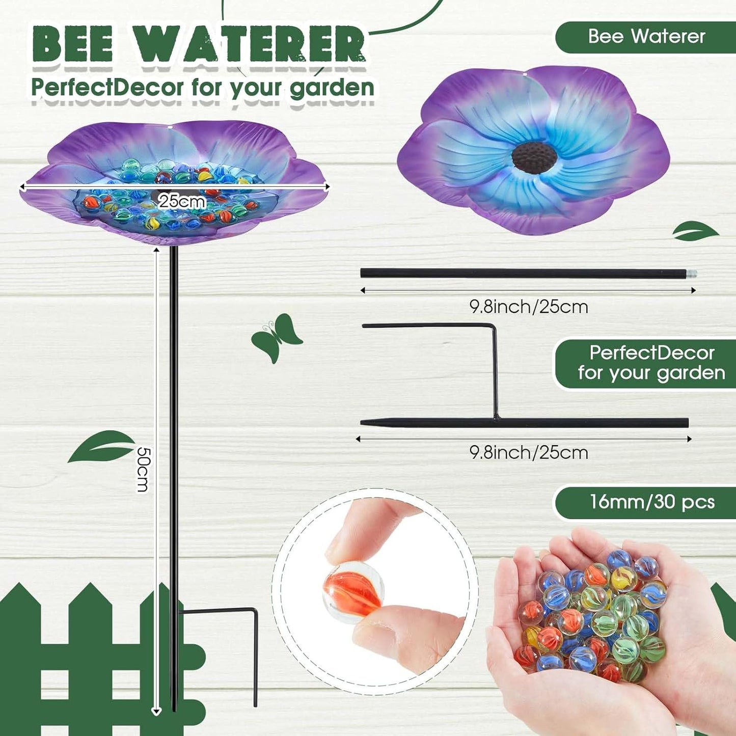 Tandefio Vivid Flower Bee Watering Station Metal Butterfly Water Feeder Cup with 30 Colorful Glass Marbles Bee Feeder Butterfly Bath Bowl for Garden Outdoor Yard Decors(Blue Purple,Flower)