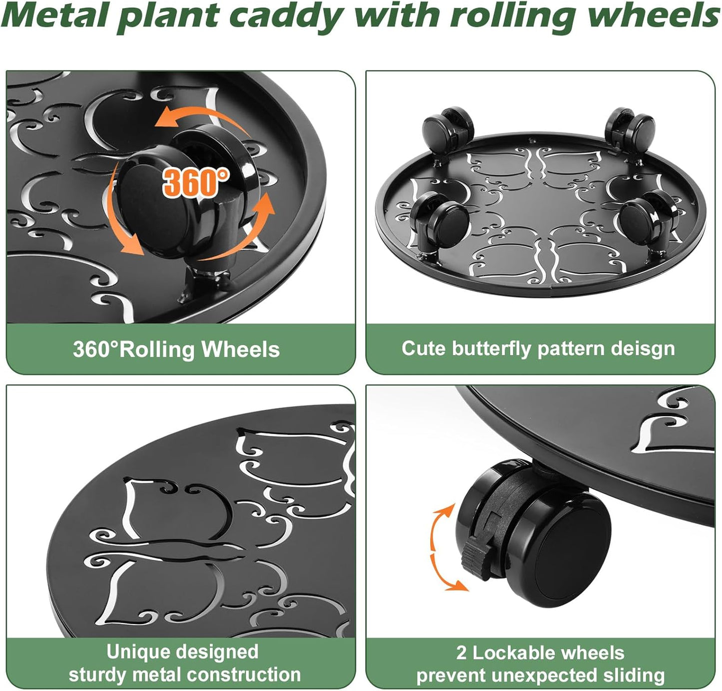 2 Packs 14 inches Large Metal Plant Caddy with Wheels Round Planter Dolly Pot Mover Rollers Wrought Iron Rolling Plant Stands Indoor Outdoor Wheeled Plant Holder Coaster Trolley, Butterfly, Black