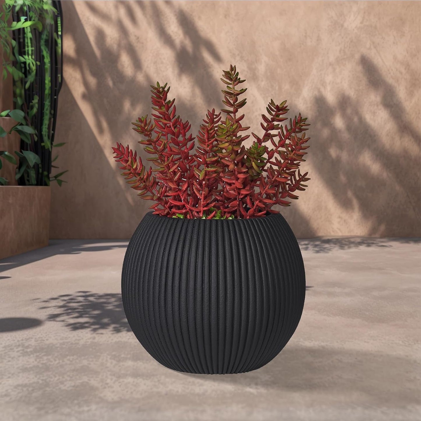 16 Inch Handmade Concrete Outdoor Planter - Classic Striped Design | Fiberglass & Composite Material | Durable for Commercial & Home Decor