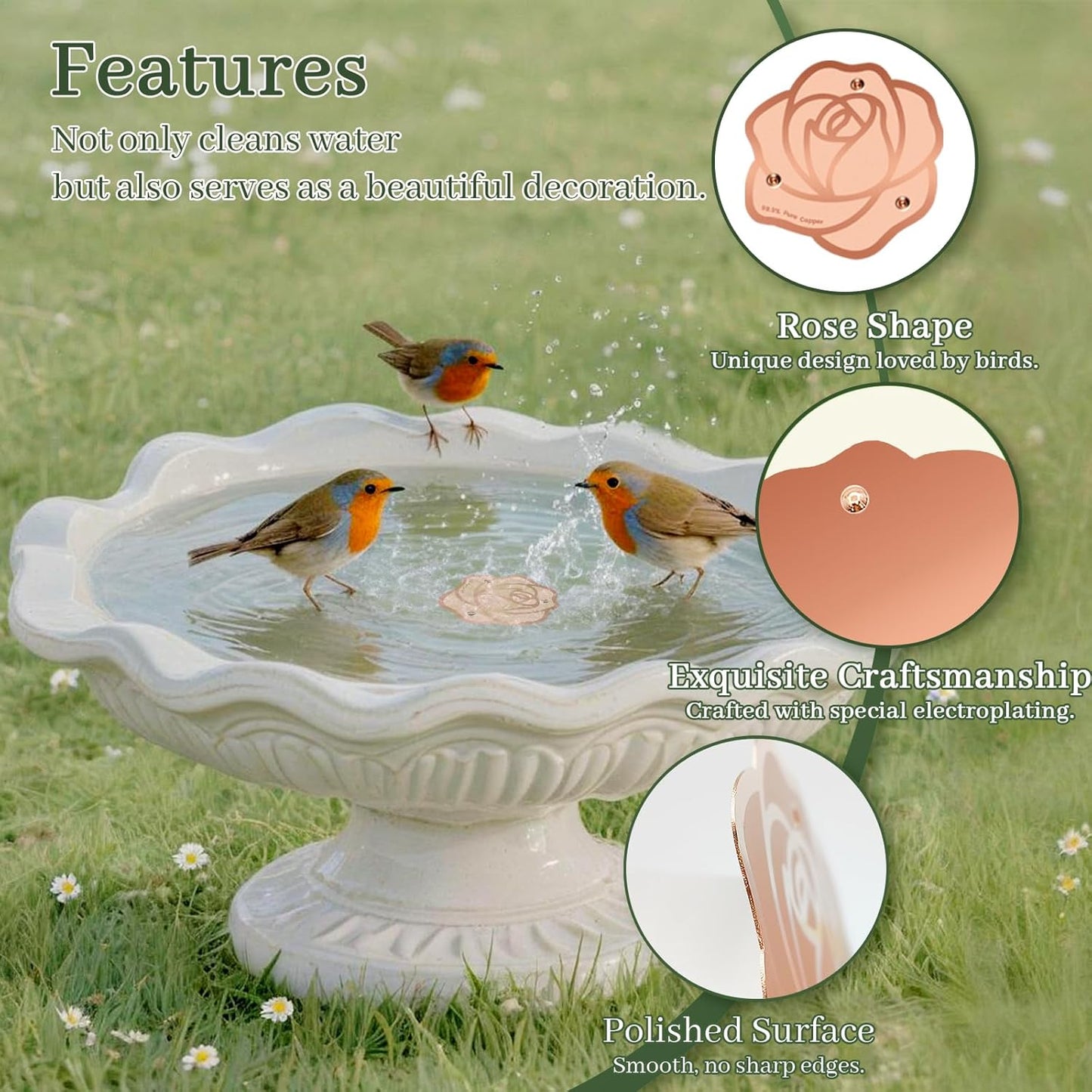 Bird Bath Copper Disk,Bird Bath Purification Disk 0.6mm Reinforced 99.99% Pure Copper Cleaning Disk with 3-Point Support,Fits Outdoor Birdbath & Bowl,Provide Safe Clean Water,Rose-4Pcs