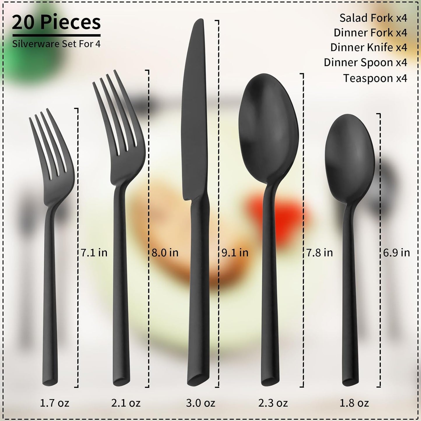 Alata Potter Black 20-Piece Forged Silverware Set, Service for 4 Stainless Steel Flatware Set, Modern Design with Satin Finish, Ideal for Home, Kitchen, Party, Camping