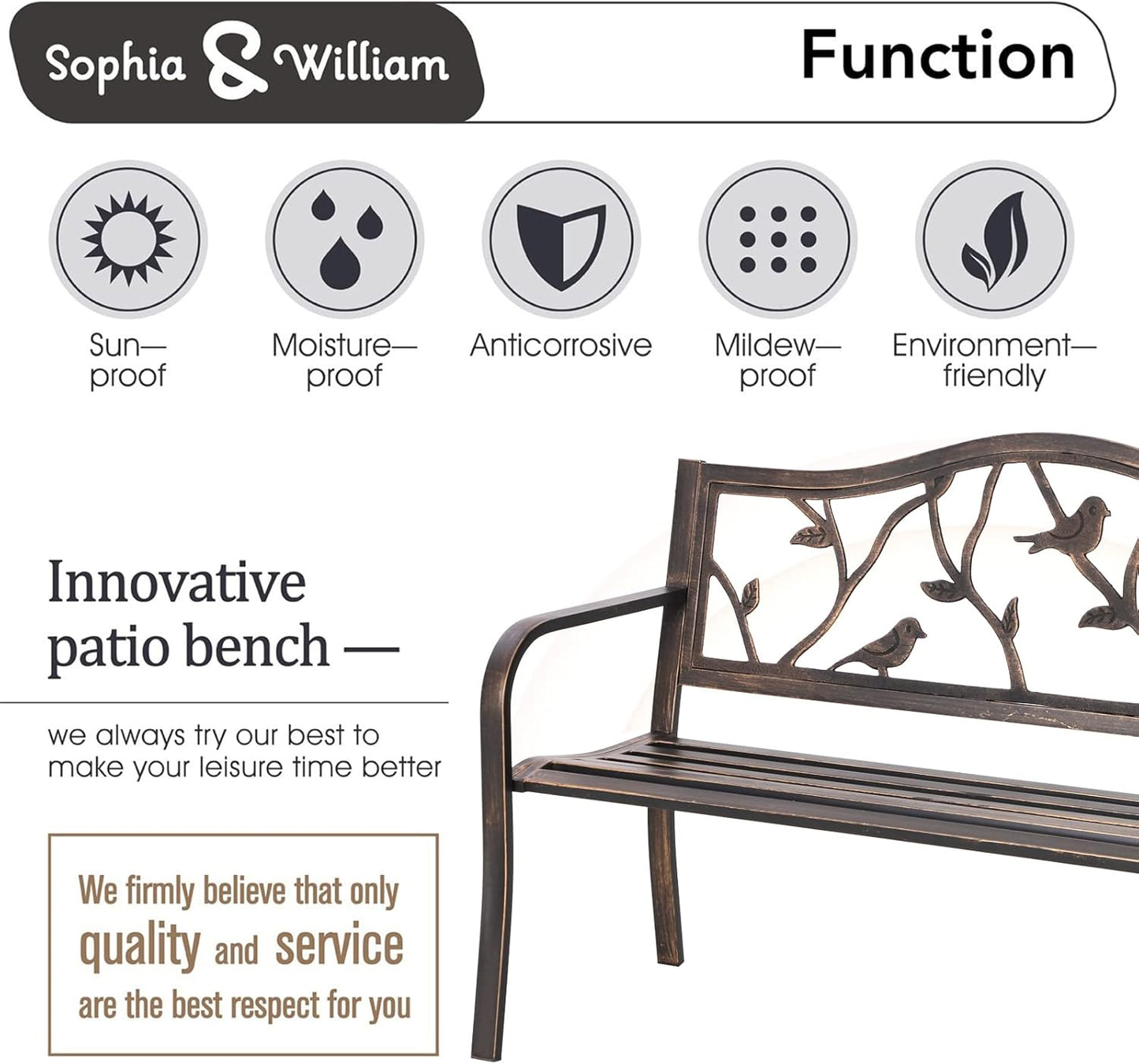 Sophia & William Outdoor Bench, Porch Bench, Garden Bench, Wrought Iron Bench with Backrest and Armrests, Bronze