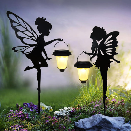 Solar Fairy Garden Stake Decorative Lantern, 2 Pack Metal Fairy Angel Garden Silhouette Lights for Lawn, Pathway, Patio, Yard Outdoor Decor