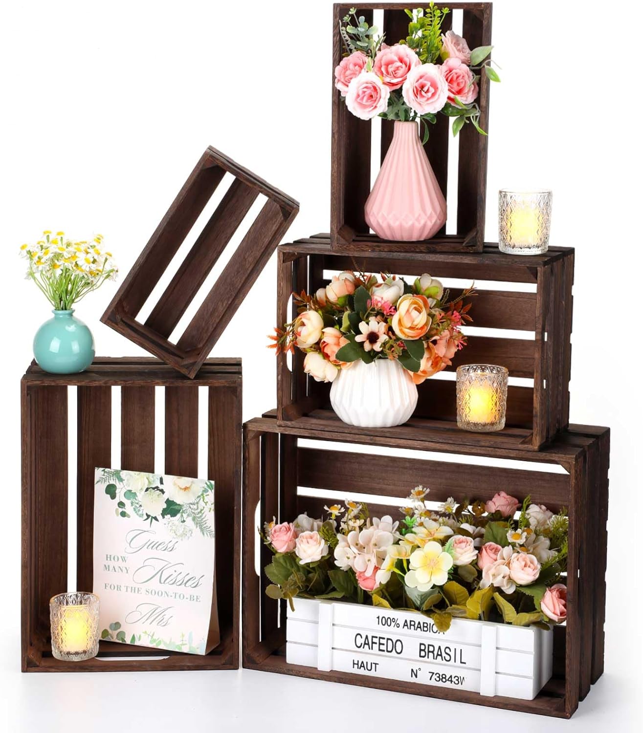 Soaoo 5 Pcs Decorative Nesting Wooden Crates for Storage Display 5 Size Large Small Rustic Wood Decorative Storage Crates with Handle Farmhouse Crate Box Container Made from Pine(Vintage Black)