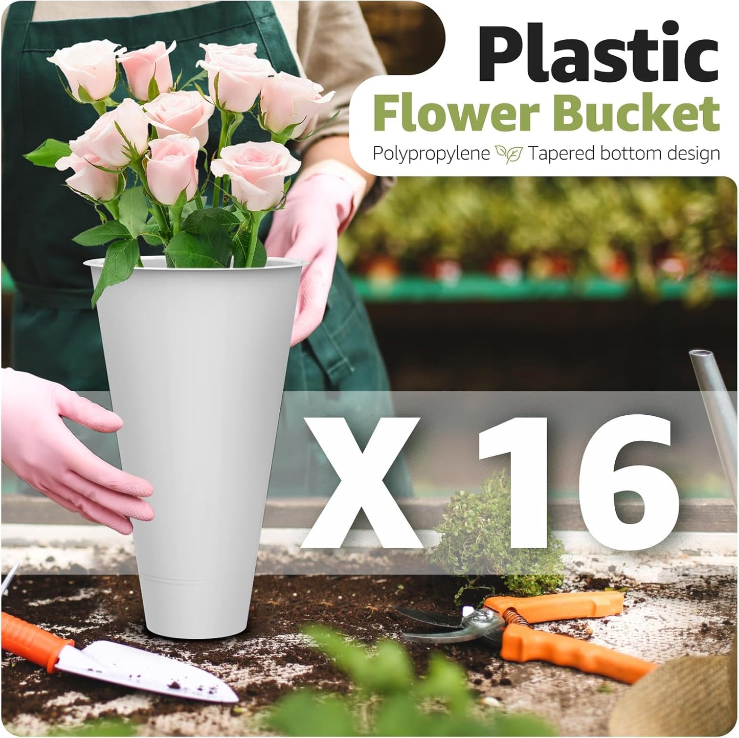 Flower Display Stand 4 Layers with 16 PCS Round Buckets, Plant Stand with Wheels, Movable Metal Plant Stand for Terrace Garden, Florist Shop (Gold Frame, White Buckets, 4-Tier, 16 Buckets)