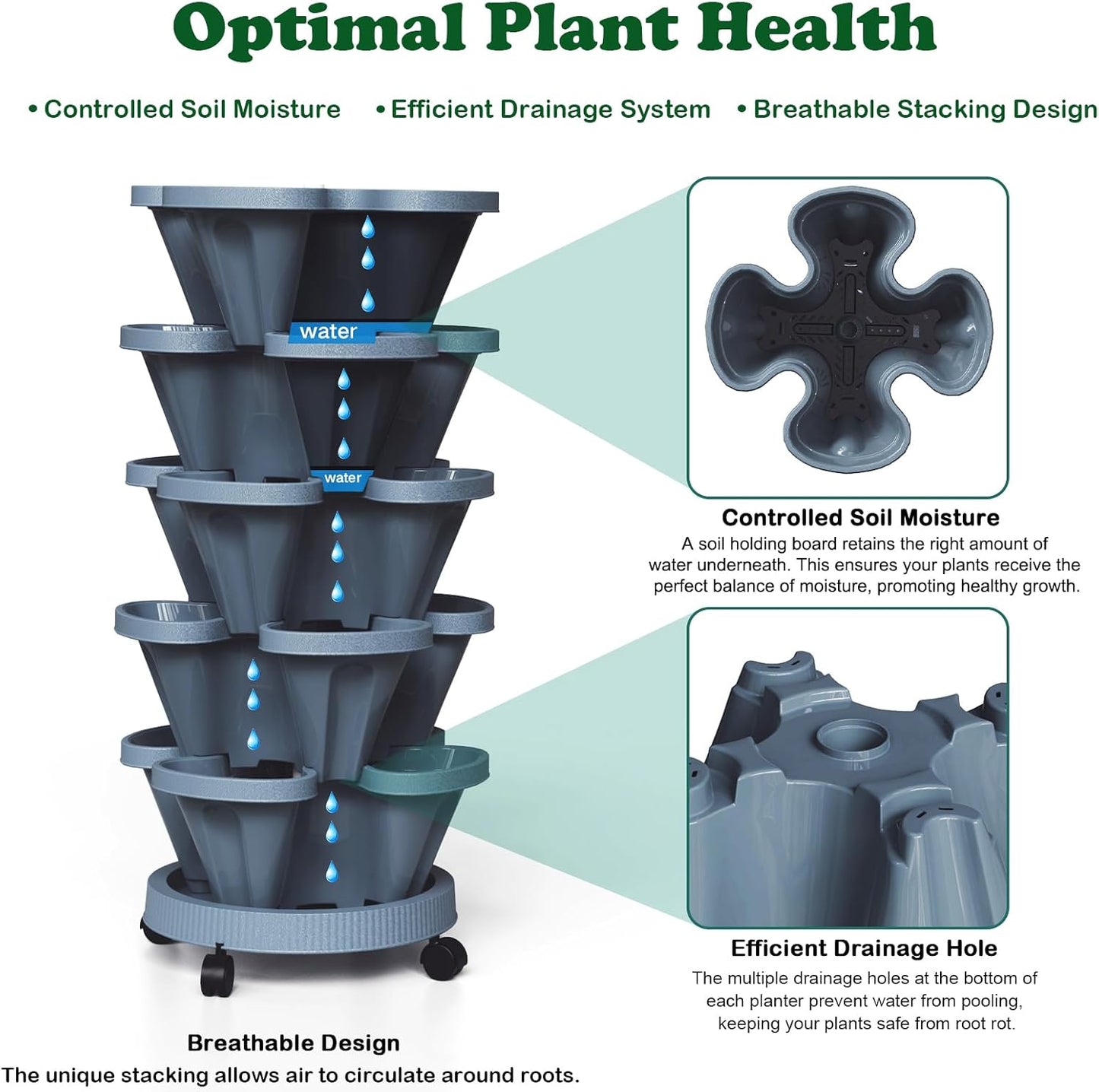 7 Tiered Strawberry Planters 2 Pack, Vertical Stackable Planter, Herb Stacking Tower Garden, Flower and Vegetable Planters with Support Pole Indoor and Outdoor with Removable Wheels Dark Grey