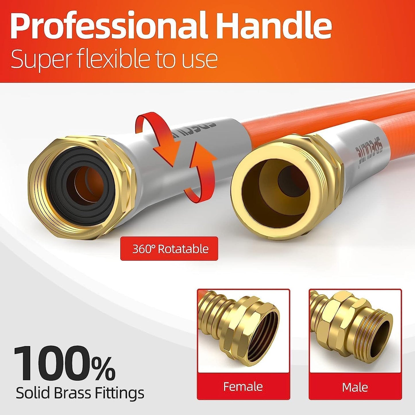 Garden Water Hose 10 ft x 5/8 in, Heavy Duty Leader Pipe Extension, Flexible, Lightweight Kink-less,Hybrid Rubber, with 3/4" Brass Fittings, Orange