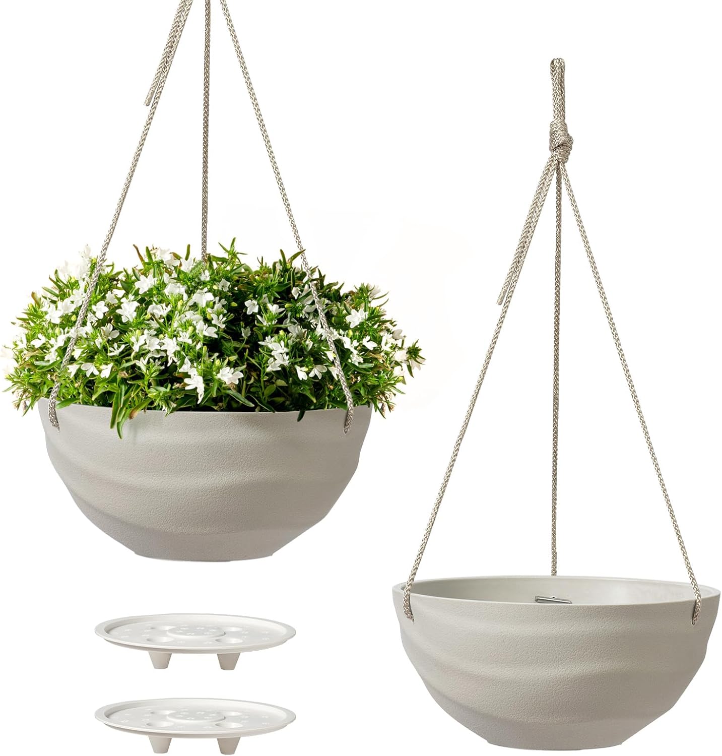 La Jolie Maison 10 Inch Hanging Planters for Indoor Plants, Outdoor Garden Planter Pots with Self-Watering Tray, Oatmeal, Set of 2