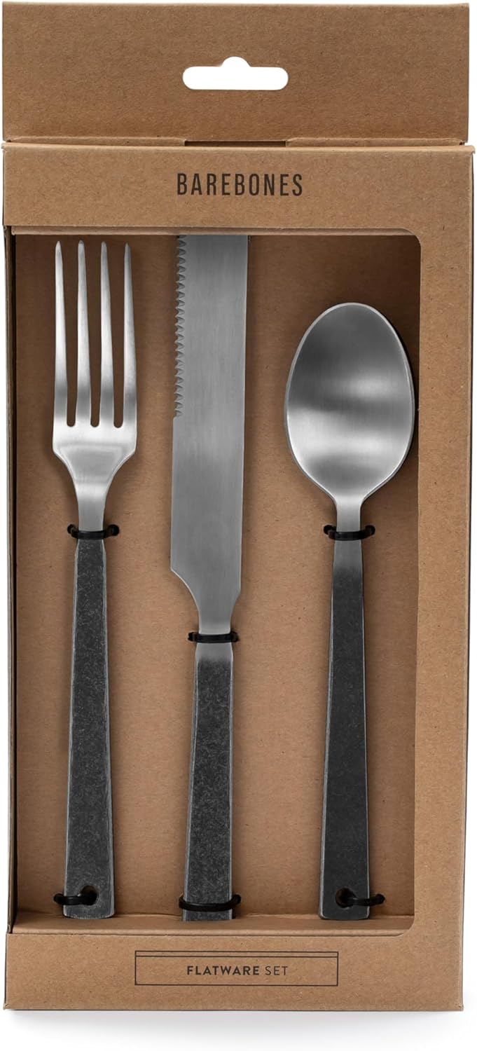 Barebones Flatware Silverware Set - Formal Polished Camping Utensils - Stainless Steel Cutlery Set of 6 - Camping Utensil Set with Forks, Knives, and Spoons (Silver)