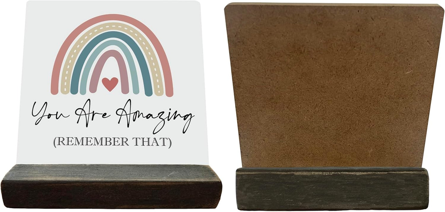 Primitive Wooden Sign, You are Amazing Remember That, Desk Plaque with Wooden Stand 4 x 4.3 inches, Rustic Home Decor, Farmhouse Sign, Inspirational Quotes Gifts for Friend Family, Cheer Up Gift A