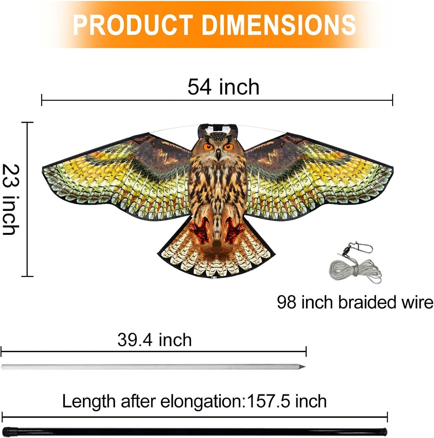 Bird Hawk Flying Kite with Pole Crop Protector Bird Scare Kites with 4m Pole - Owl Kite