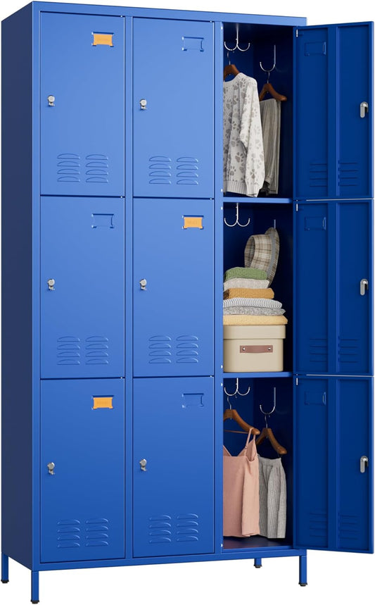 9 Doors Metal Storage Lockers for Employees with 27 Hooks,72" H Employee Lockers with Business Card Holder for Offices School Gyms Home,Assembly Required,Blue