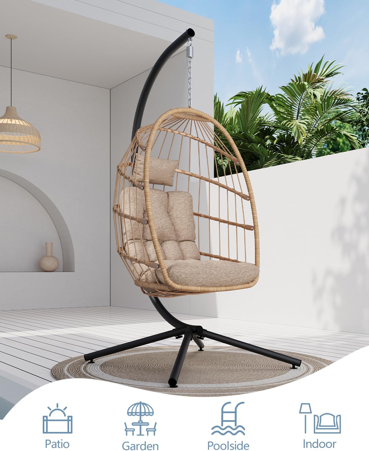 SWITTE Egg Chair Outdoor with Stand, Indoor Wicker Hanging Egg Swing Chair with Cushion, 350lbs Capacity for Patio, Bedroom, Garden - Cream