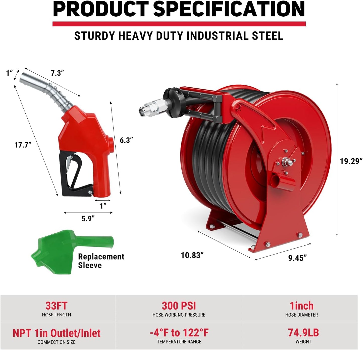 Fuel Hose Reel, 1" x 33' Retractable Diesel Fuel Heavy-duty Steel Construction with Refueling Nozzle, 300 PSI Diesel Reel Used for Aircraft Ship Vehicle Tanker Truck