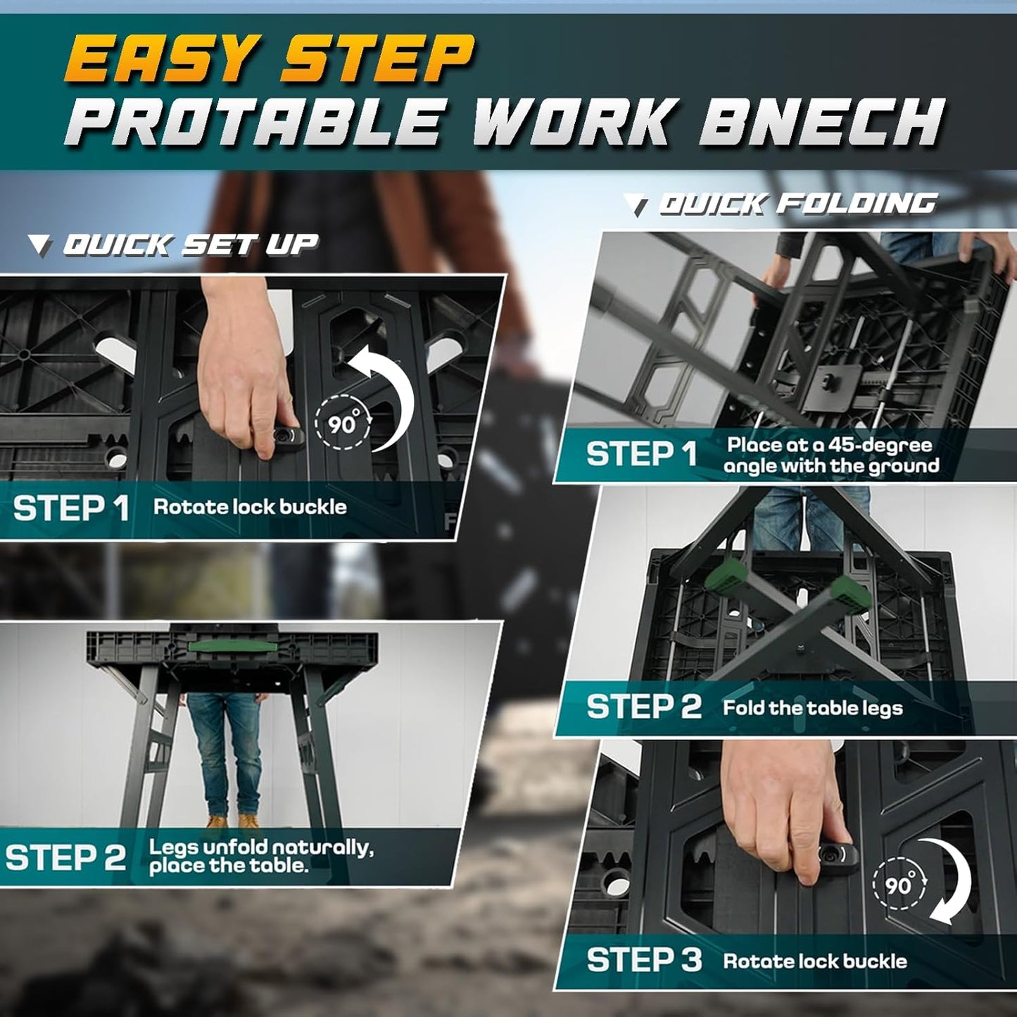 Foldable Work Bench,Easy Step Protable Work Table,34" W x 25" D x 31" H Lightweight Workbench wih 1650 LBS,Work Benches for Garage,Work Bench Suitable for Garage,Workshop and Home (Green)