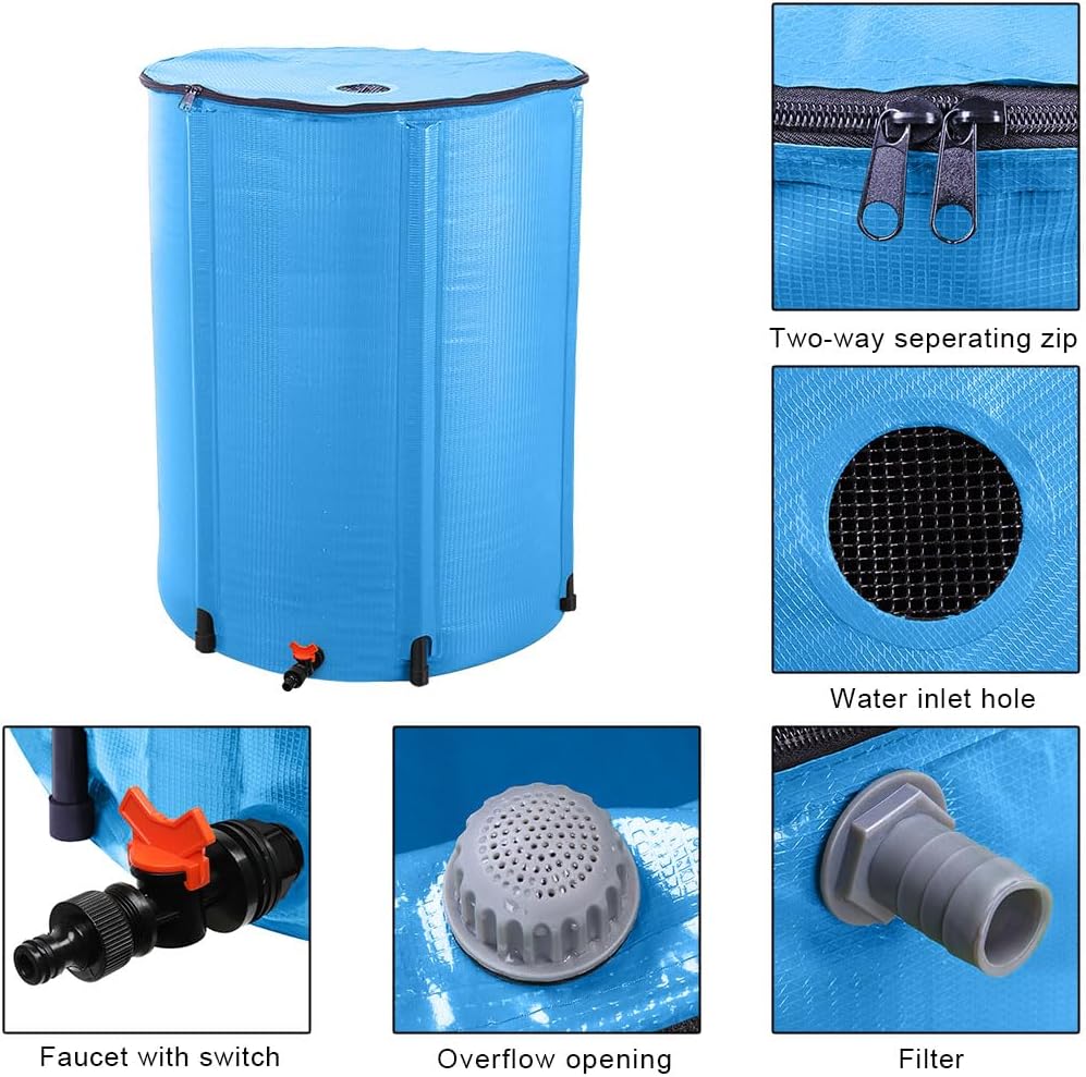 100 Gallon Collapsible Rain Barrel, Water Storage Tank, Portable Rainwater Collection System, Rain Catcher Barrel with Spigots and Overflow Kit, Rain Water Barrel Collector for Garden, Blue