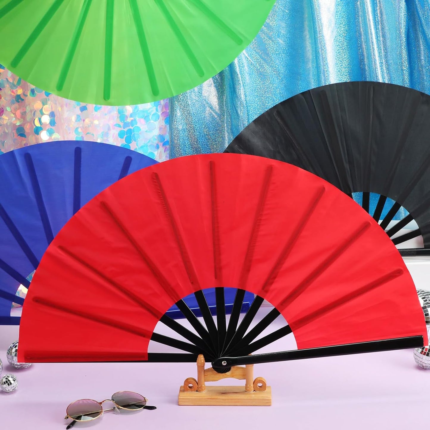 Blulu 4 Pcs 13 Inch Large Folding Hand Fans for Line Dancing Big Clapping Popping Raves Fans Bulk for Dancing Boots on The Ground Festival Party Decoration(Classic Style, Red, Black, Blue, Green)