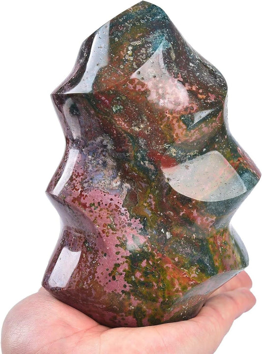 AMOYSTONE Ocean Jasper Flame Shaped Stone Towers Obelisk Natural Healing Crystal Quartz Reiki Energy Decoration Home Office Decor 3.3-4.0LBS