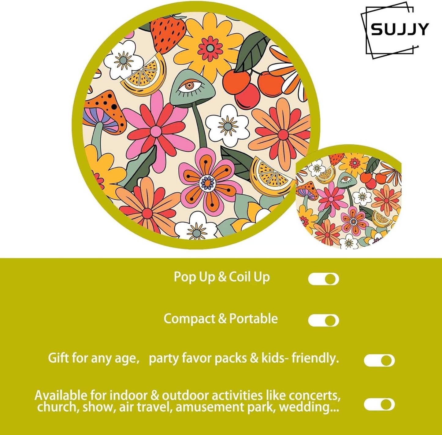 4 Pack Retro Hippie Hand Fan Foldable Multi-Role Round Fans for Travel, Events, Graduation, Indoor & Outdoor (Joyful)