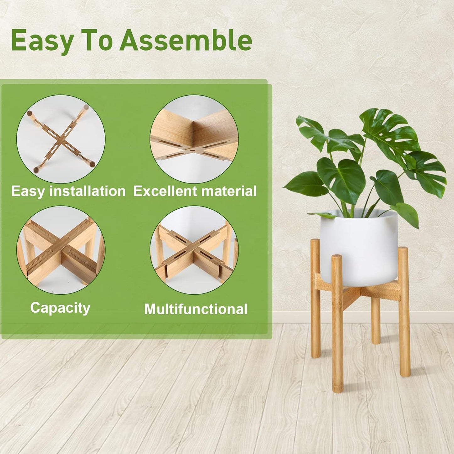 FJO 2Pcs Adjustable Plant Stand Indoor - Bamboo Plant Stands, Bamboo Mid Century Modern Plants Stands, Plant Holder for Living Room Fits 8 to 12 Inches Pots(Pot & Plant Not Included) (Natural)