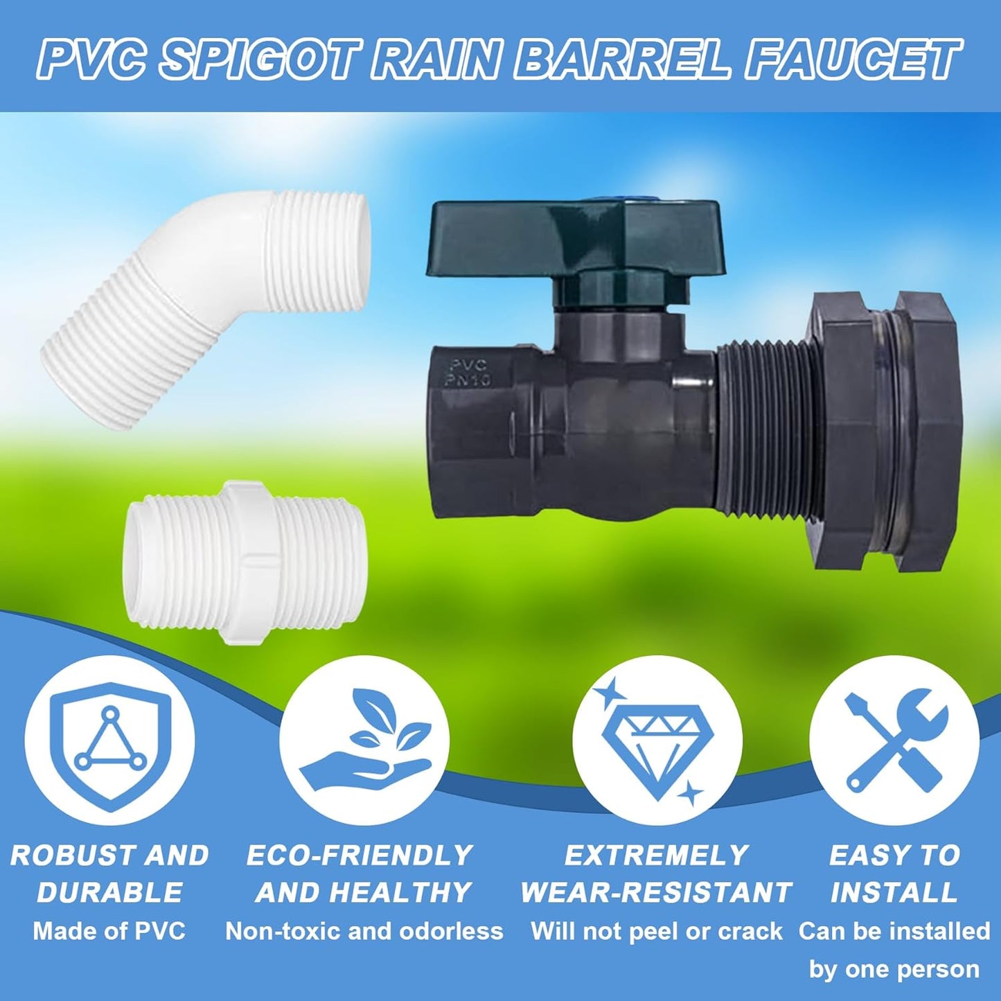 PVC Rain Barrel 45° Elbow, 3/4" Rain Barrel Valve with Bulkhead Connector and Hose Adapter, Garden Faucet Kit for Water Tanks, Aquariums, Bathtubs, Pools, Garden Buckets
