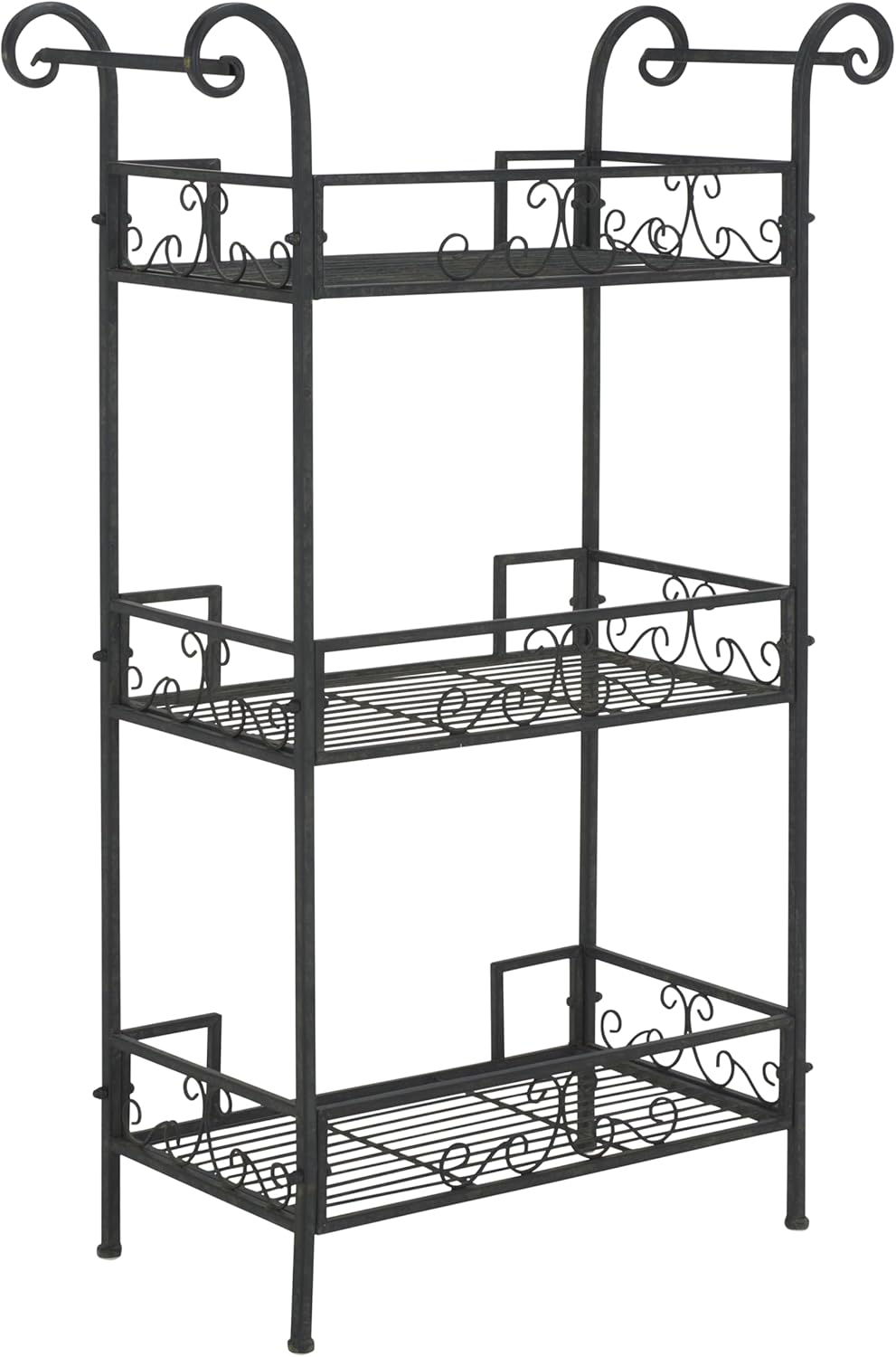 SAFAVIEH Outdoor Collection Noreen Victorian Scroll Antique Black Iron 3-Tier Shelf