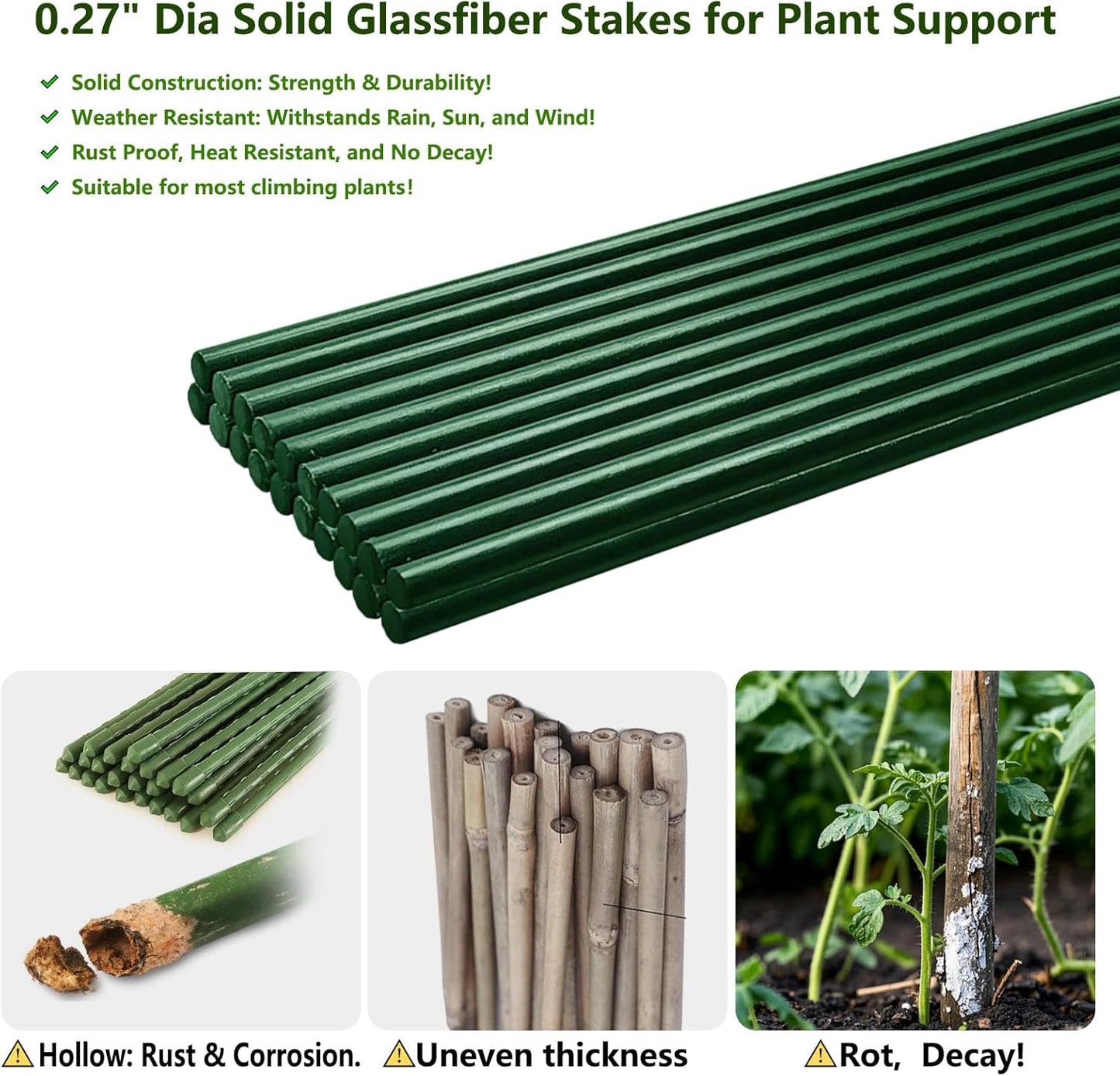 Garden Stakes 48 inch 20 Pack 0.27" Dia Solid Glassfiber Plant Support Rod Tomato Trellis Stakes (Green)