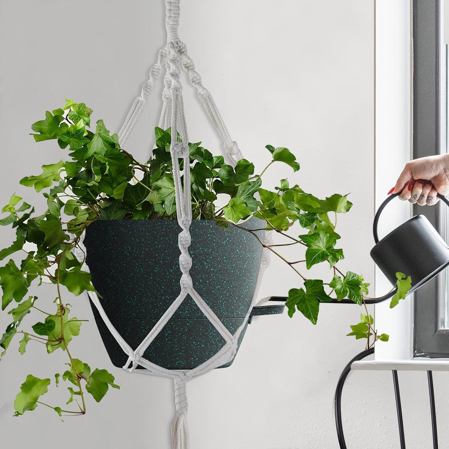 WOUSIWER 10 inch Self Watering Planters, 2 Pack Large Plastic Plant Pots with Deep Reservior and High Drainage Holes for Indoor Outdoor Plants and Flowers, Speckled Black with Green