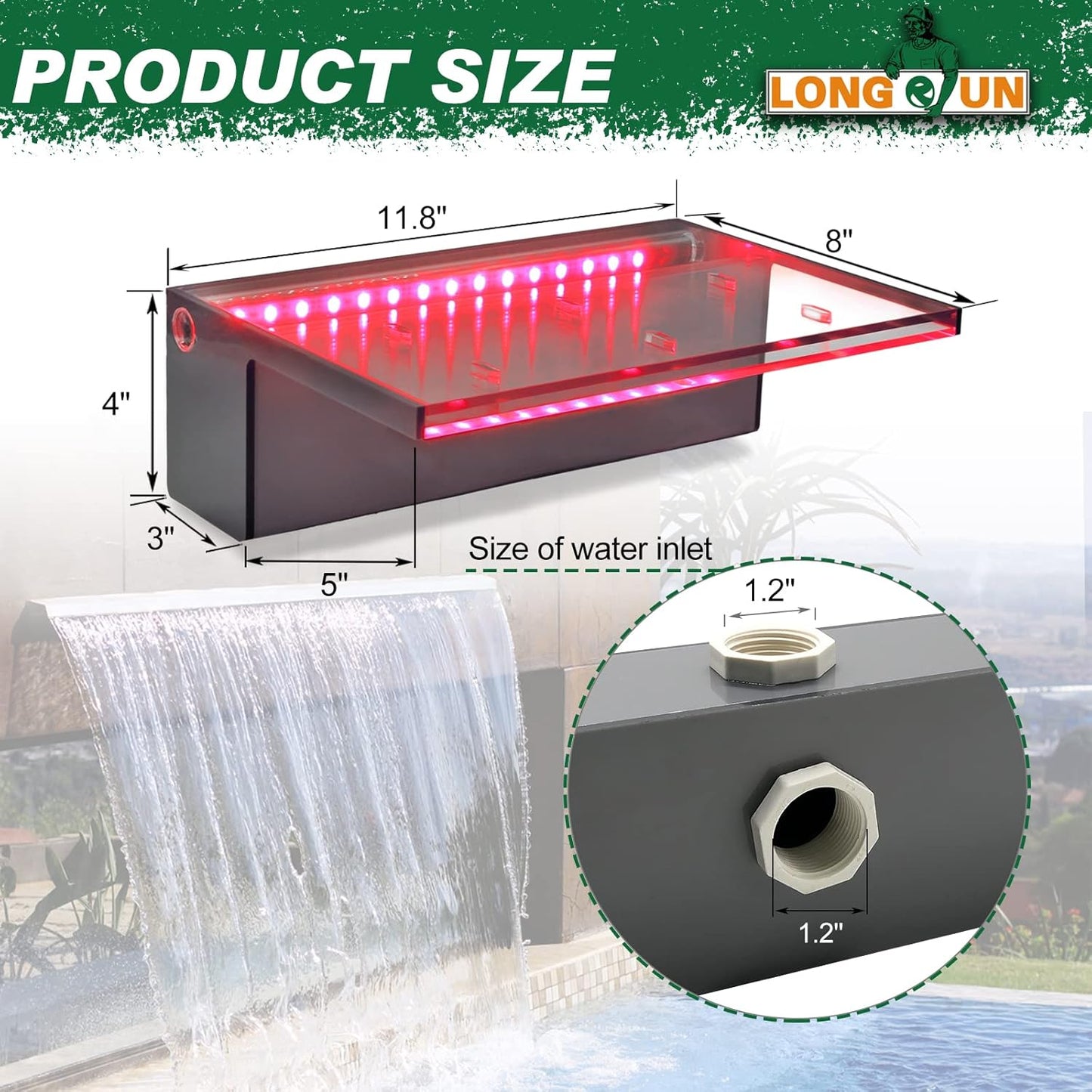 LONGRUN Waterfall Spillway APP Control Multi-Color LED Light Outdoor Pool Fountain, Acrylic Water Spillway Koi Pond Waterfalls Fountains Kit for Garden Patio Swimming Pool Decoration-11.8"
