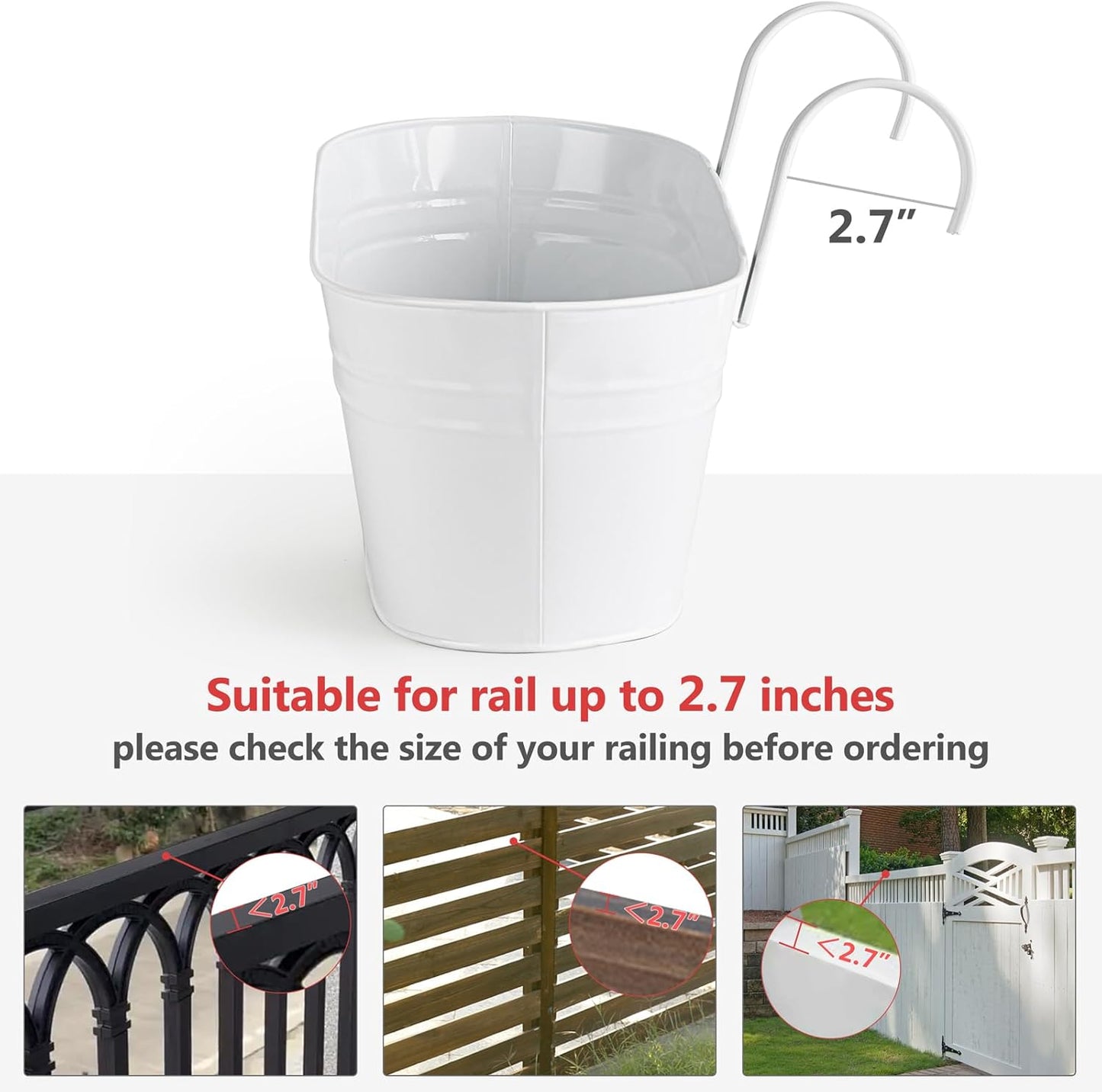 Dahey 5 Pcs Metal Iron Hanging Flower Pots for Railing Fence 15.7 Inch Hanging Bucket Pots Countryside Style Window Flower Plant Holder with Detachable Hooks for Garden Yard Home Decor, White