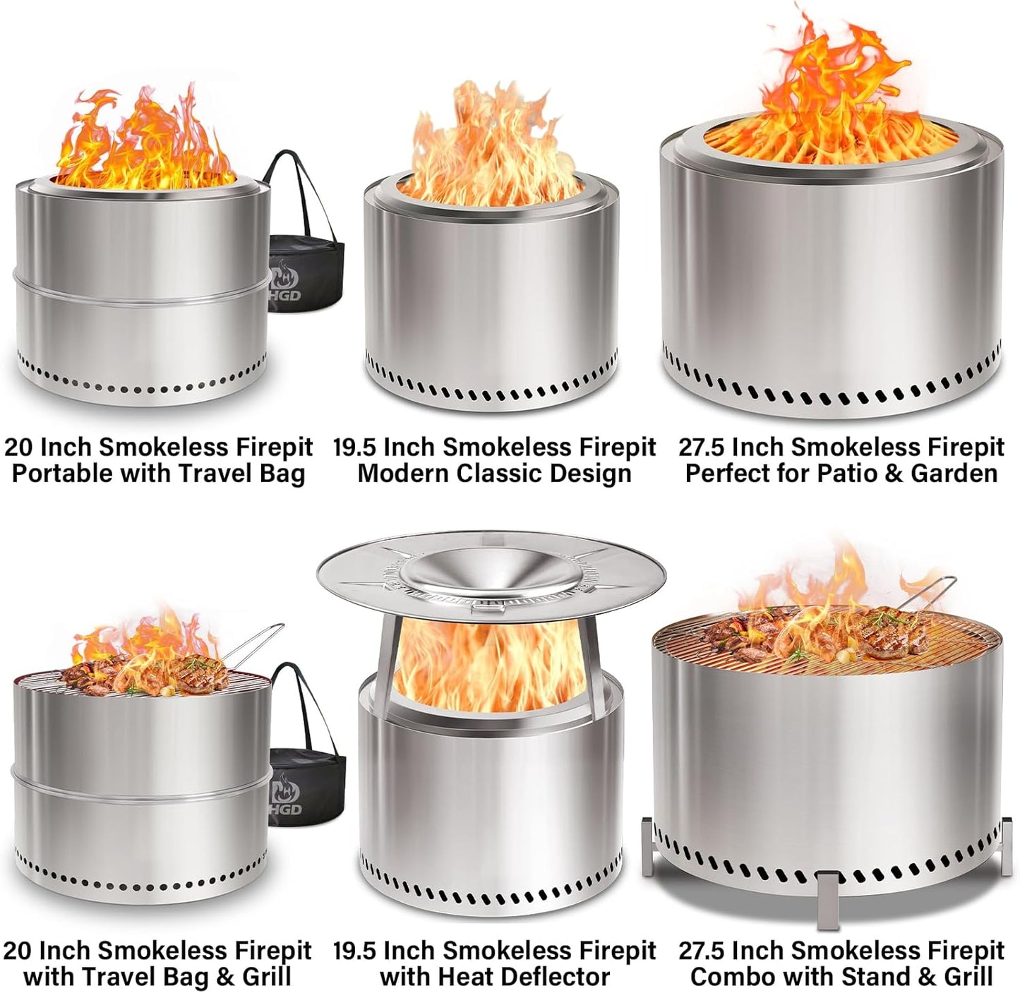 HGD 15.5" Smokeless Fire Pit Outdoor, Stainless Steel Wood Burning Firepit with Secondary Combustion, Backyard Patio Stove for Garden, BBQ & Bonfire