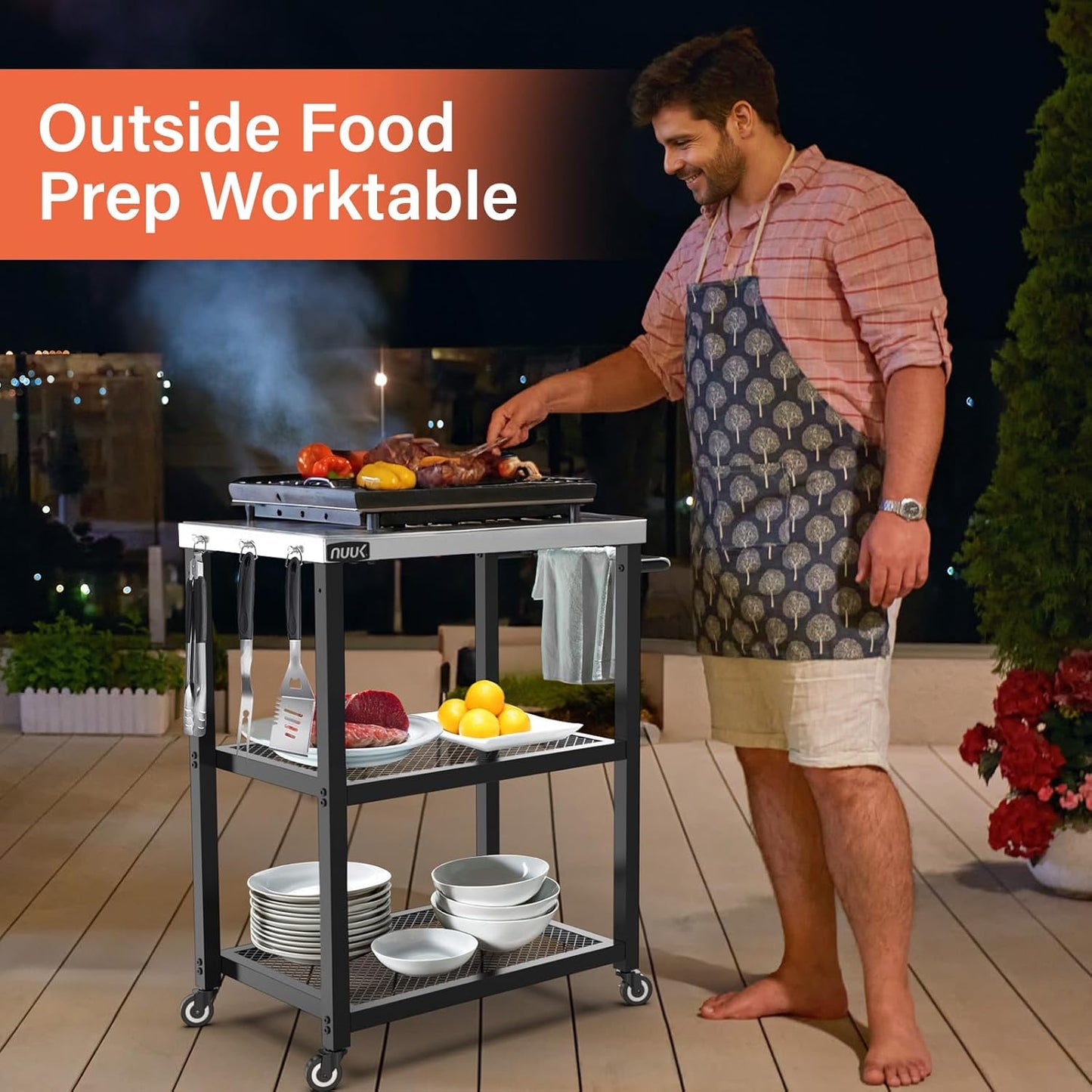 NUUK 3-Shelf Grill Cart 16" x 24" Outdoor BBQ Table with Stainless Steel Top Rolling Pizza Oven Carts for Outside Dining Tables