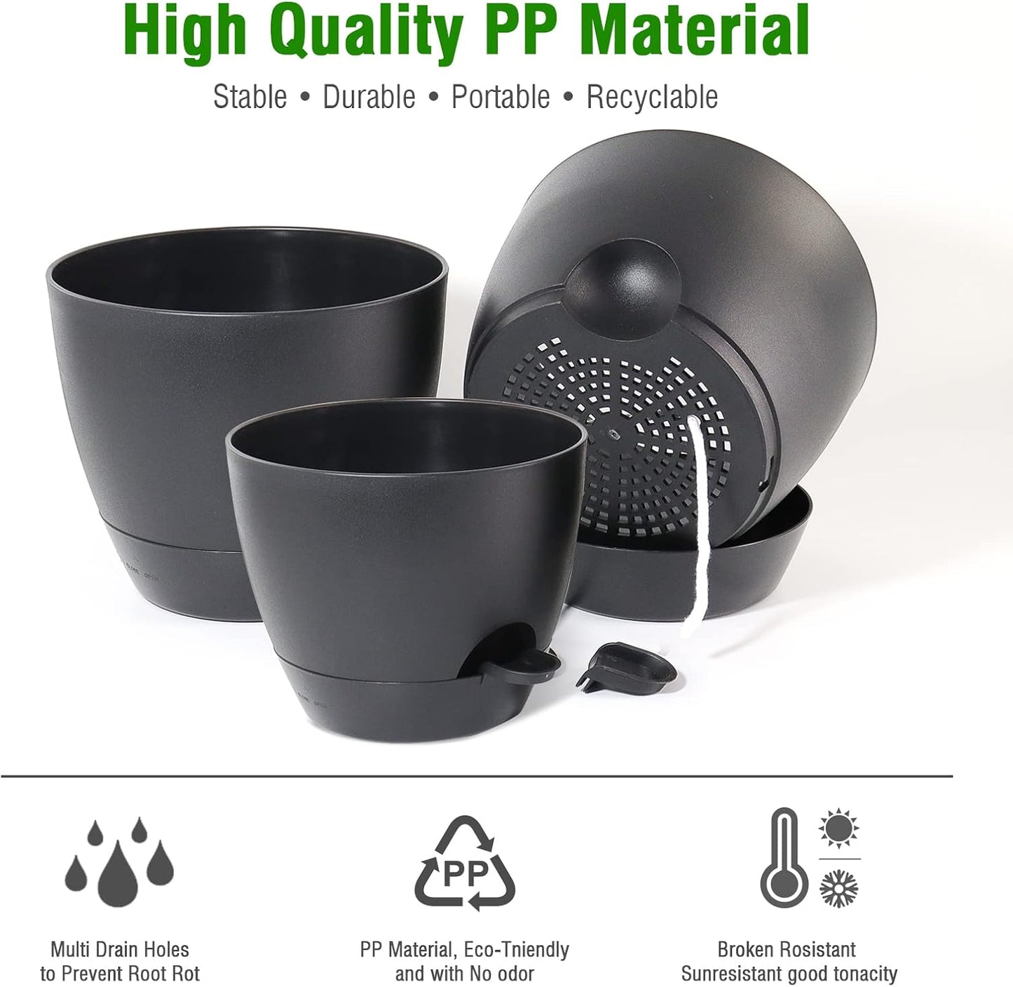 Large Self Watering Pots, 12/10/9 Plastic Planters with High Drainage Holes and Deep Reservoir for Indoor Outdoor Garden Plants and Flowers, Black