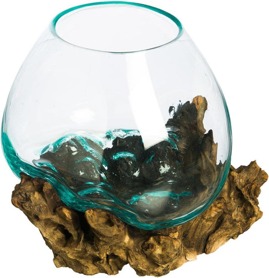 Cape Craftsmen 10" H Hand-Blown Blue Tinted Bubble Glass On Natural Teak Driftwood Terrarium | Home Décor Indoor Planter with Stand | Pot for Succulent and Plants