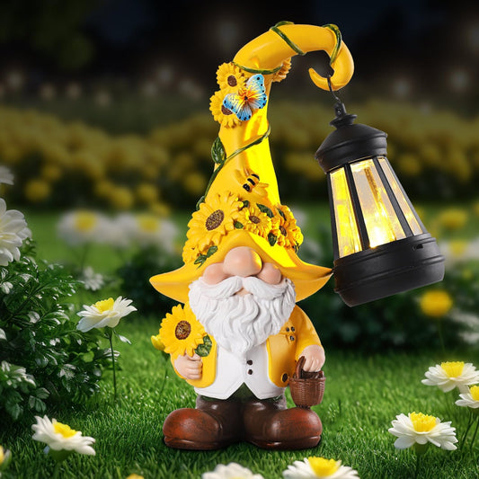 Solar Garden Decor - Sunflower Gnome Statue with Lantern 9.1" Garden Gnomes Outdoor Funny Solar Statues Yard Porch Lawn Patio Decor Gardening Gift for Women Mom Grandma Wife Girlfriend