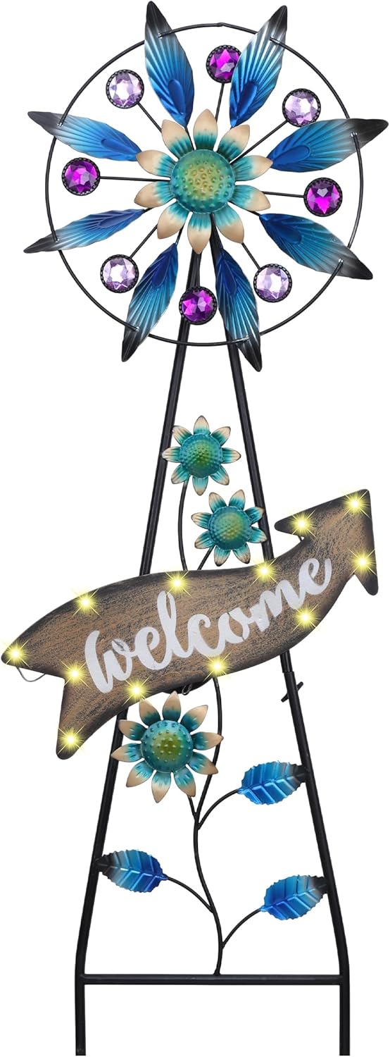 TERESA'S COLLECTIONS Peacock Garden Decor Solar Stake, Wind Spinner for Outdoor Decorations, Metal Windmill Blue Floral Yard Art Sign Decorative Garden Stake for Lawn Ornaments, Gifts for Mom, 26''