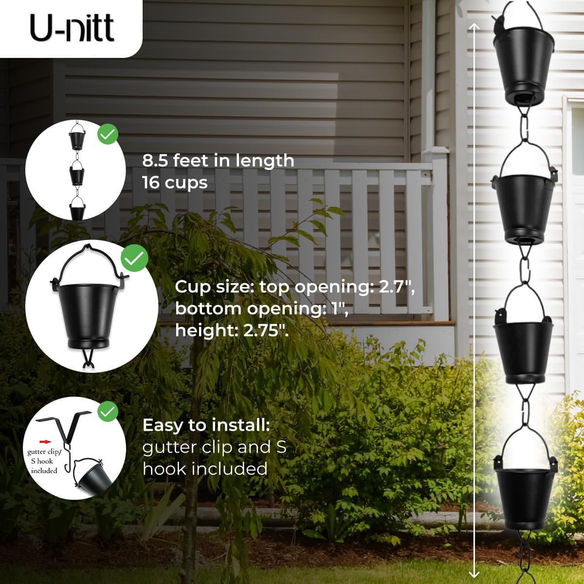 U-nitt Rain Chain Water Collection for Gutters, Rainwater Catcher & Diverter, 8.5 FT Chains for Outside Garden, Black Bucket Cups, Roof Downspout, Works with Heavy Rain, w/Gutter Clip for Rainchains